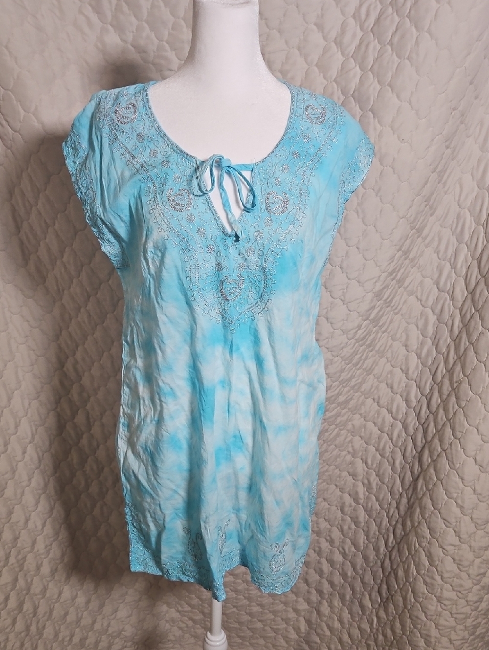 One World Beach Tie Dye Marble Embroidered Trim Tunic